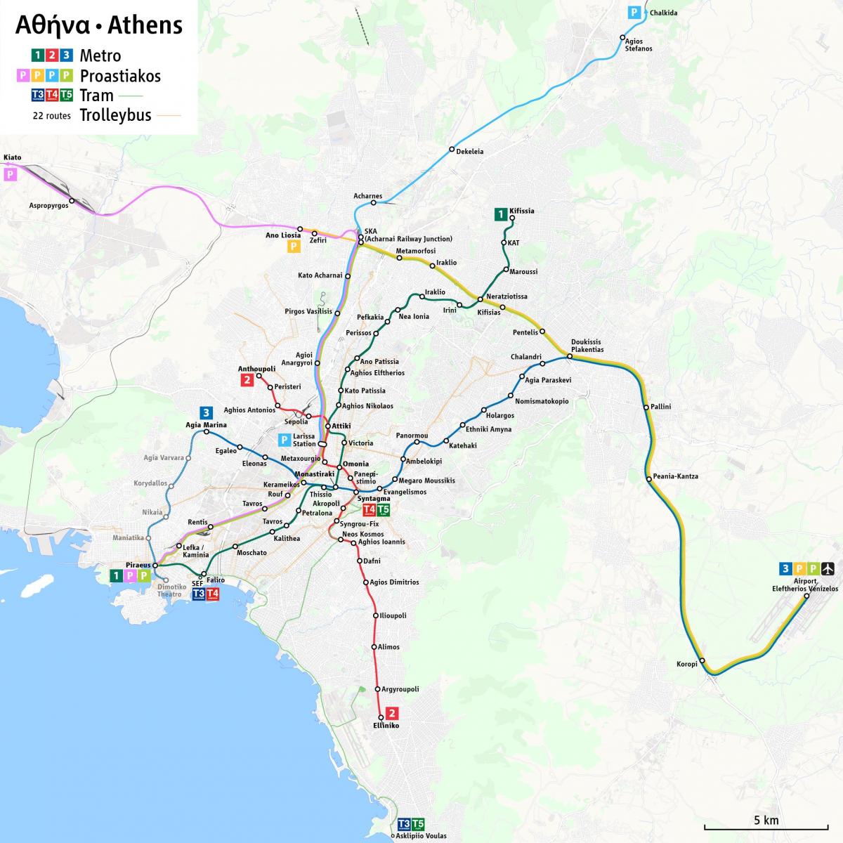 Aténské metro a tramvaje mapa