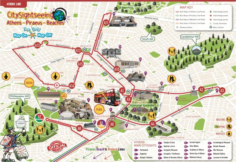 Atény hop on hop off bus mapa