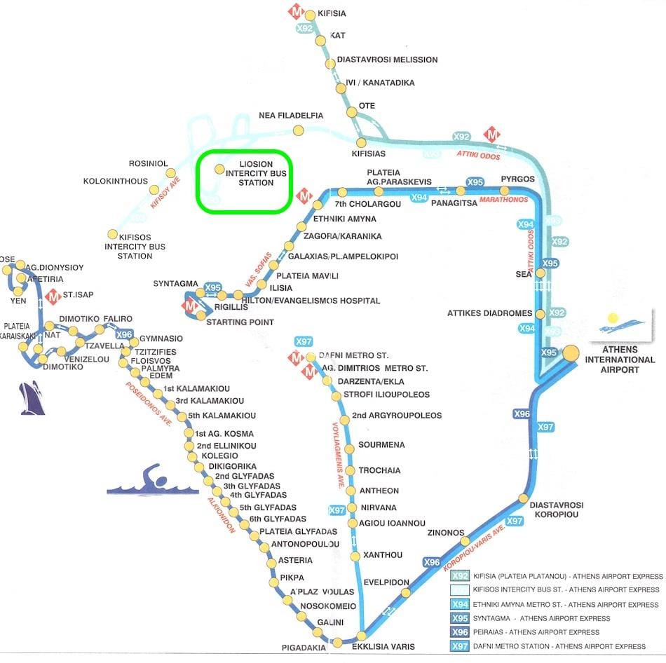 mapa liosion autobusové nádraží v Aténách 