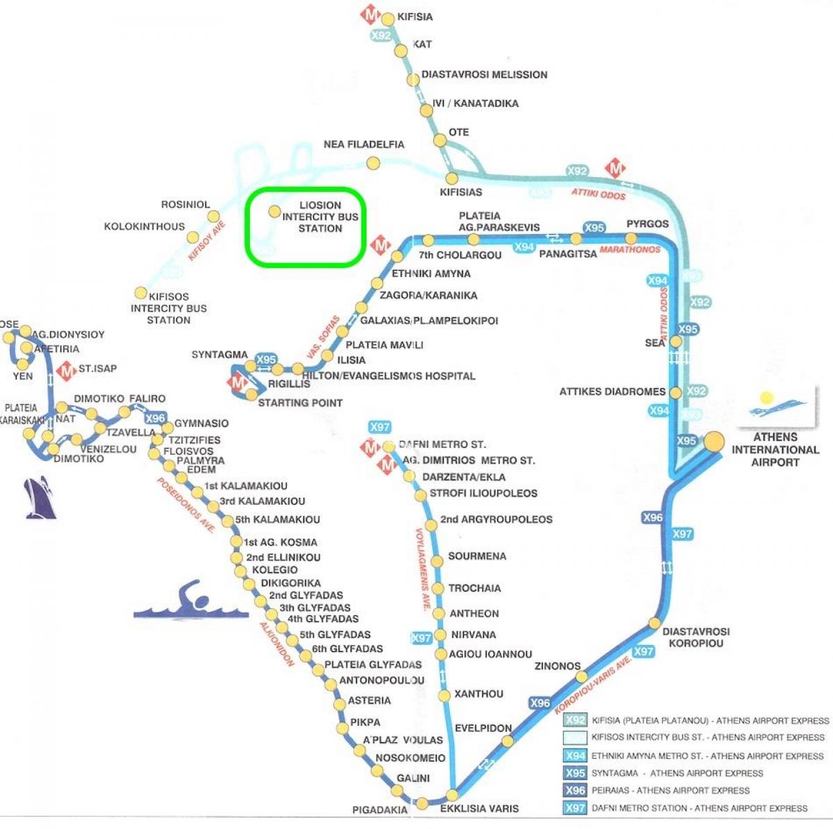 mapa liosion autobusové nádraží v Aténách 